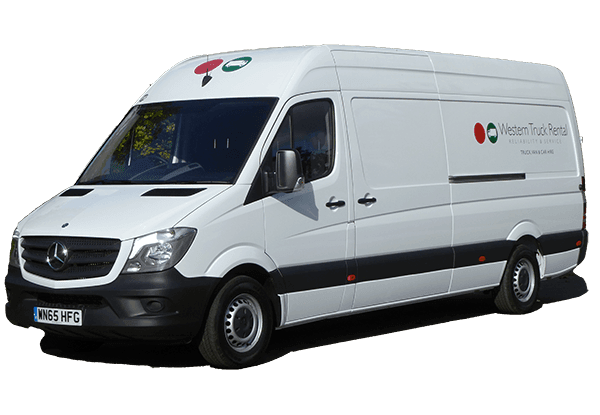 White delivery van with company logo of Western Truck Rental on the side.