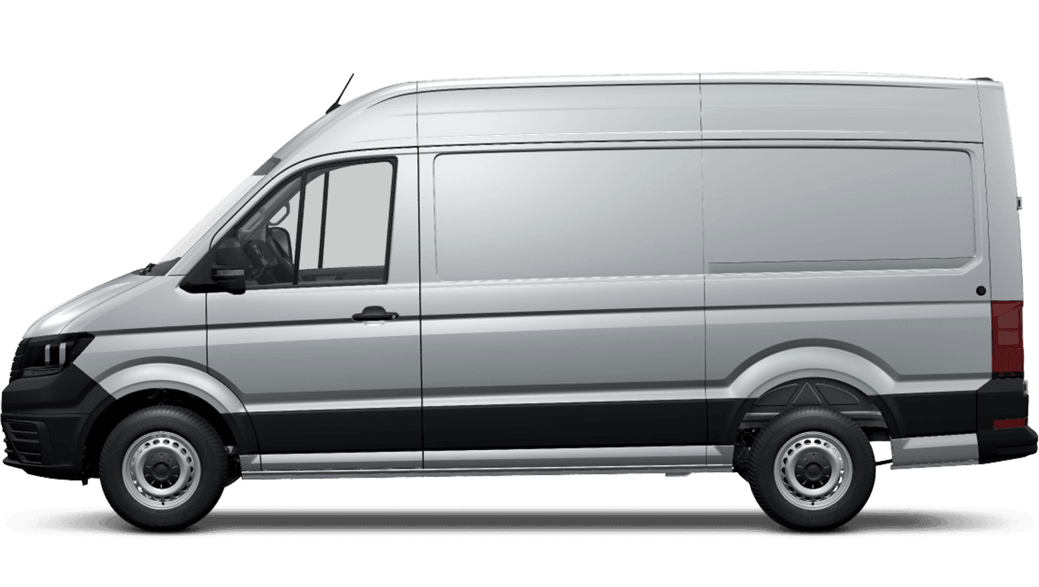 Side view of a silver cargo van with black trim and tinted windows.